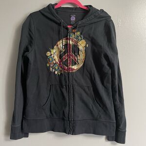 Y2K Lucky Brand Women's Sz L Black Hoodie Peace Asian Bird Full Zip Embroidered